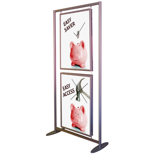 PF1 Freestanding poster display frame with suspended poster holders